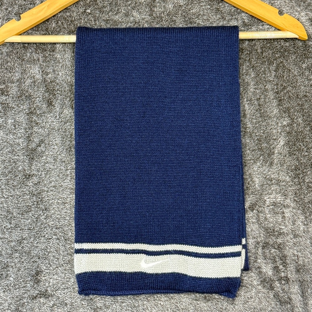 Vintage 90s Nike Knit Scarf Navy Blue Gray Stripe Embroidered Swoosh Athletic